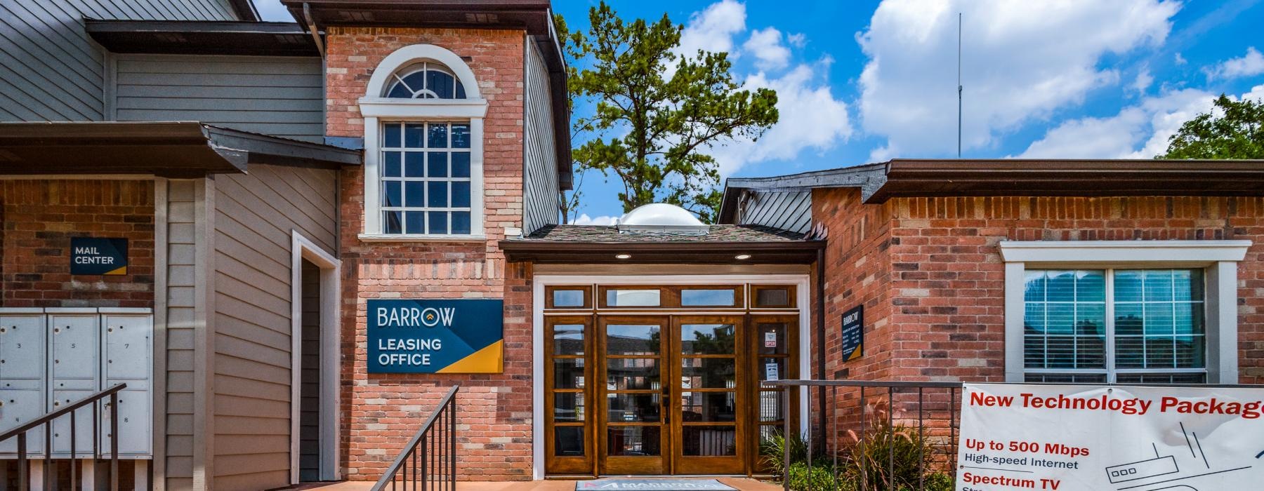 a building with a sign in front